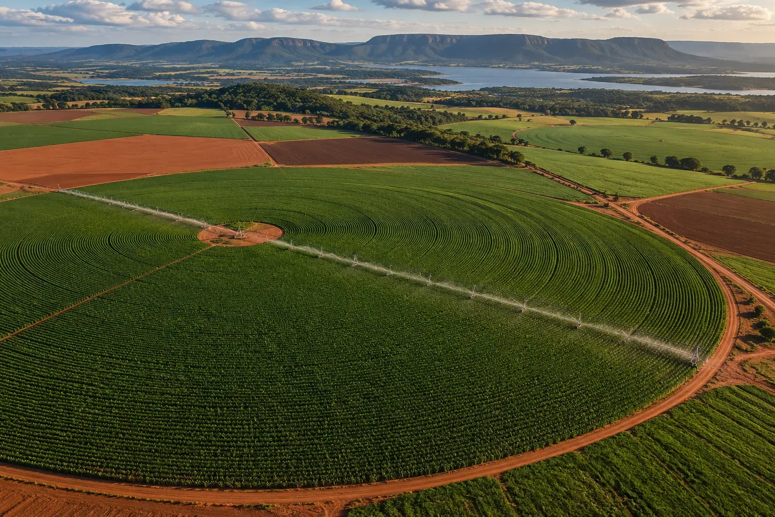 Vista aérea de lavoura irrigada por pivô central