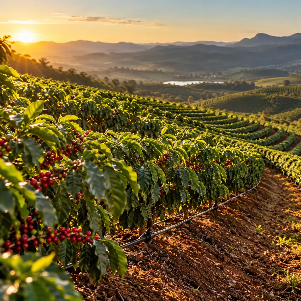Cafezal em curva de nível com linha de gotejamento