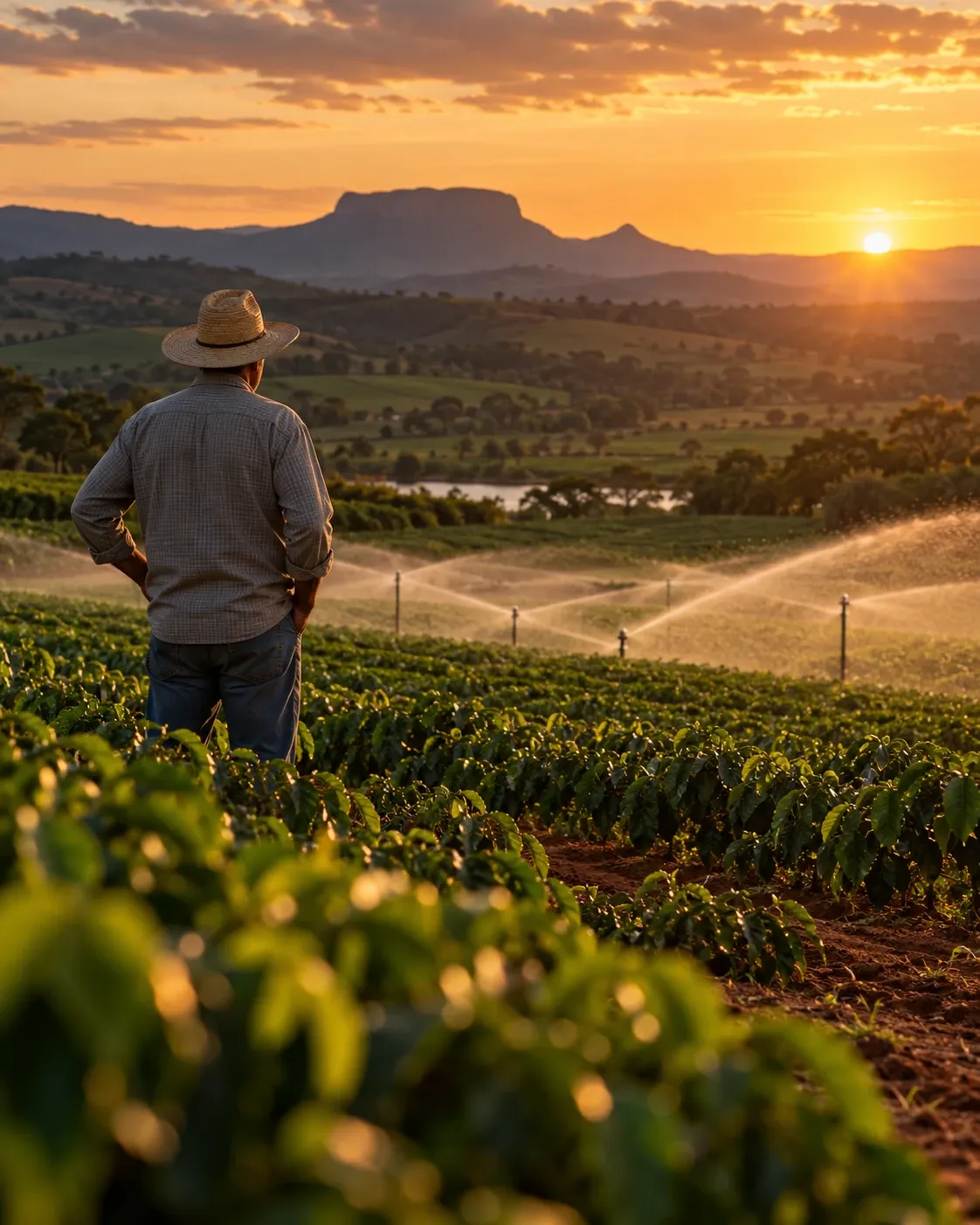 Produtor rural observando lavoura irrigada ao entardecer