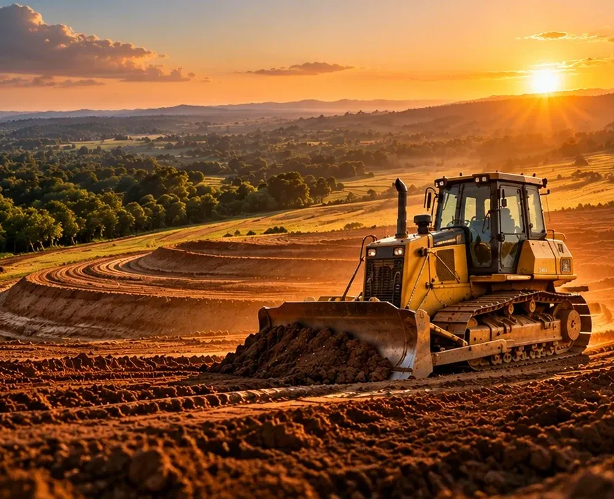 Trator de esteira fazendo terraplanagem em terreno ao entardecer